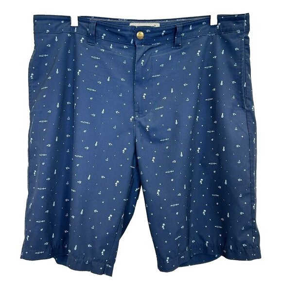 Travis Mathew Shorts Mens Size 36 Blue Printed Pineapple Shark Beach Flat Front - Picture 1 of 3